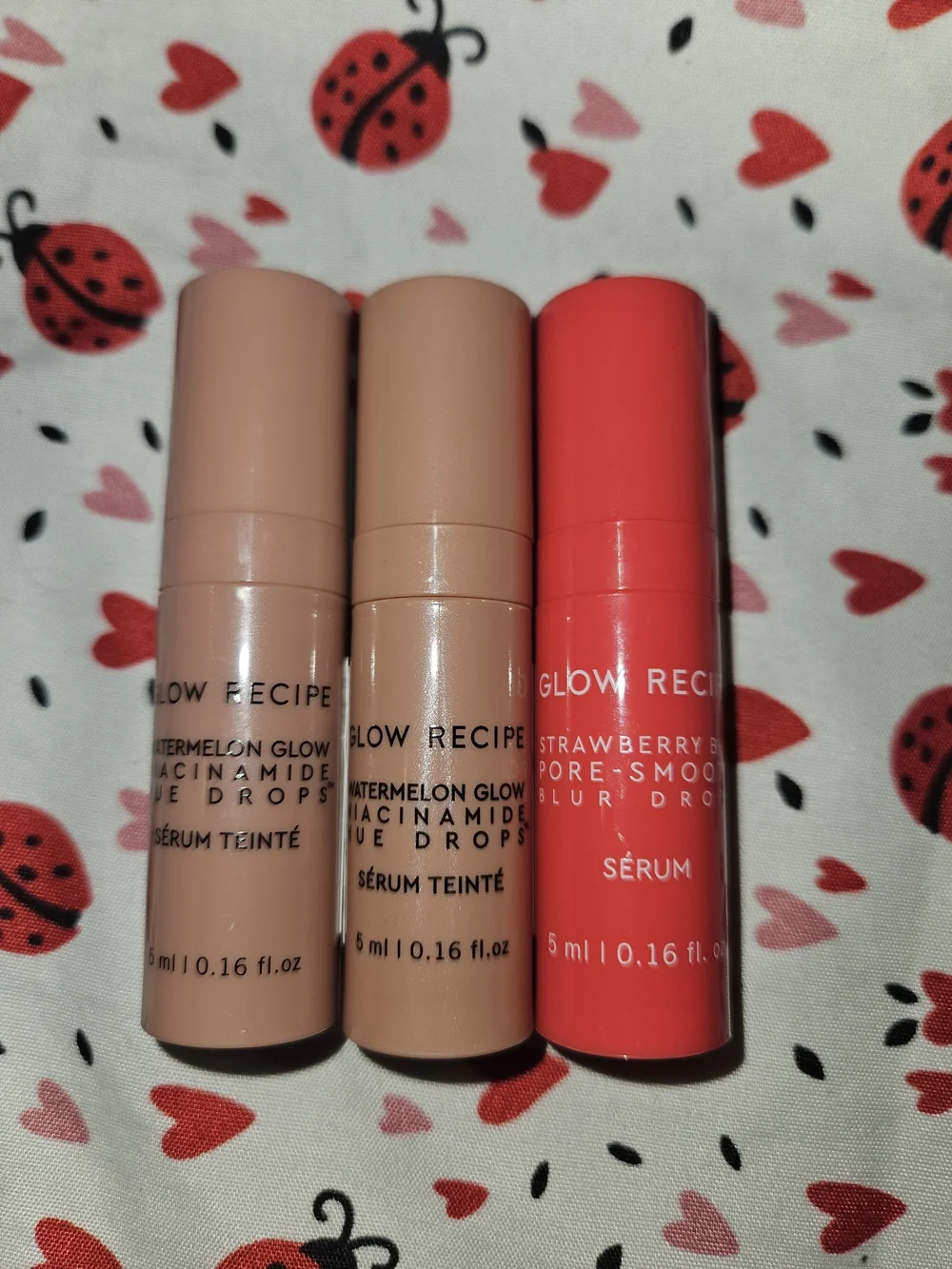 1 Glow Recipe strawberry pore blur drops and 2 watermelon glow hue drops serum